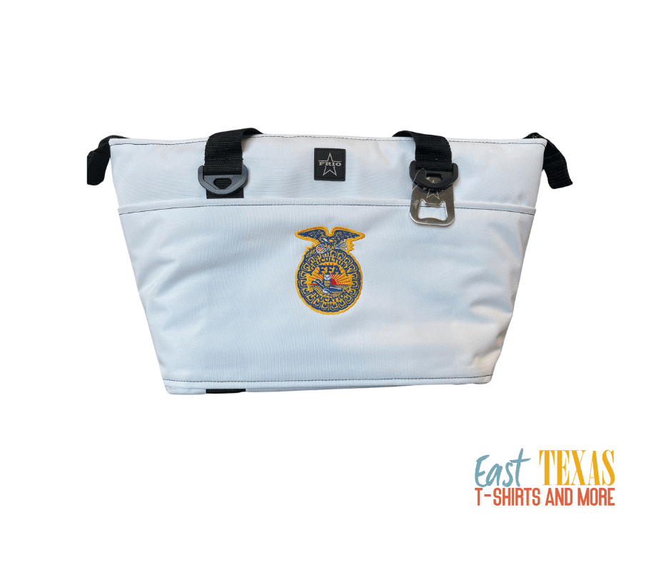 White pouch with FFA emblem and black clasps.