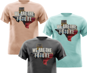 Three T-shirts with 'We Are The Future' and a world map design.