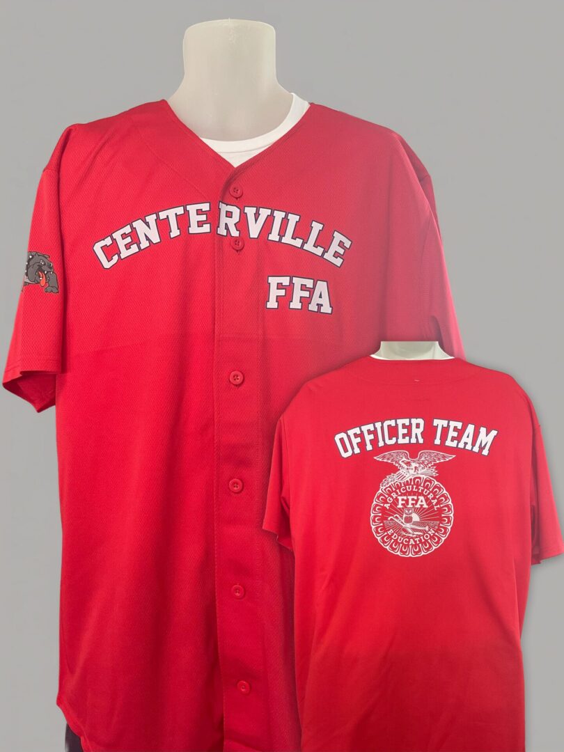 Red FFA Officer Team jersey with Centerville text on front and back.