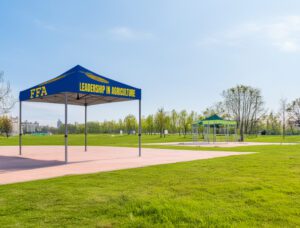 Blue FFA canopy reading Leadership in Agriculture