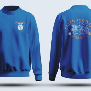 Blue crewneck sweatshirt, wave graphic, front and back