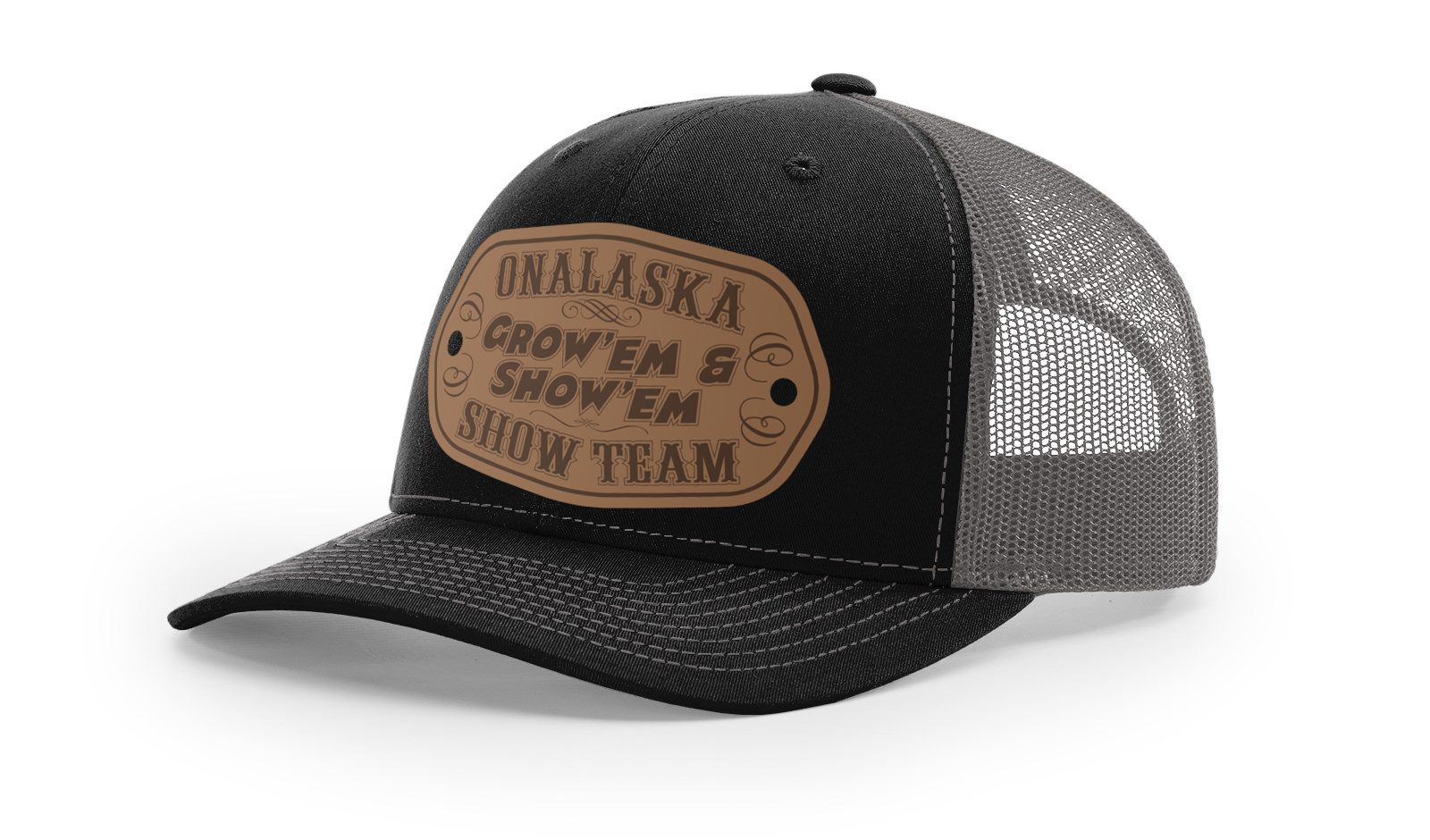 Black mesh trucker hat with leather patch