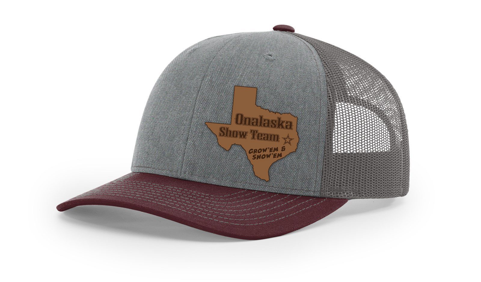 Gray maroon trucker hat with Texas patch