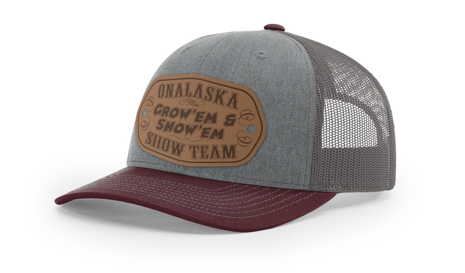 Gray and maroon trucker cap with patch