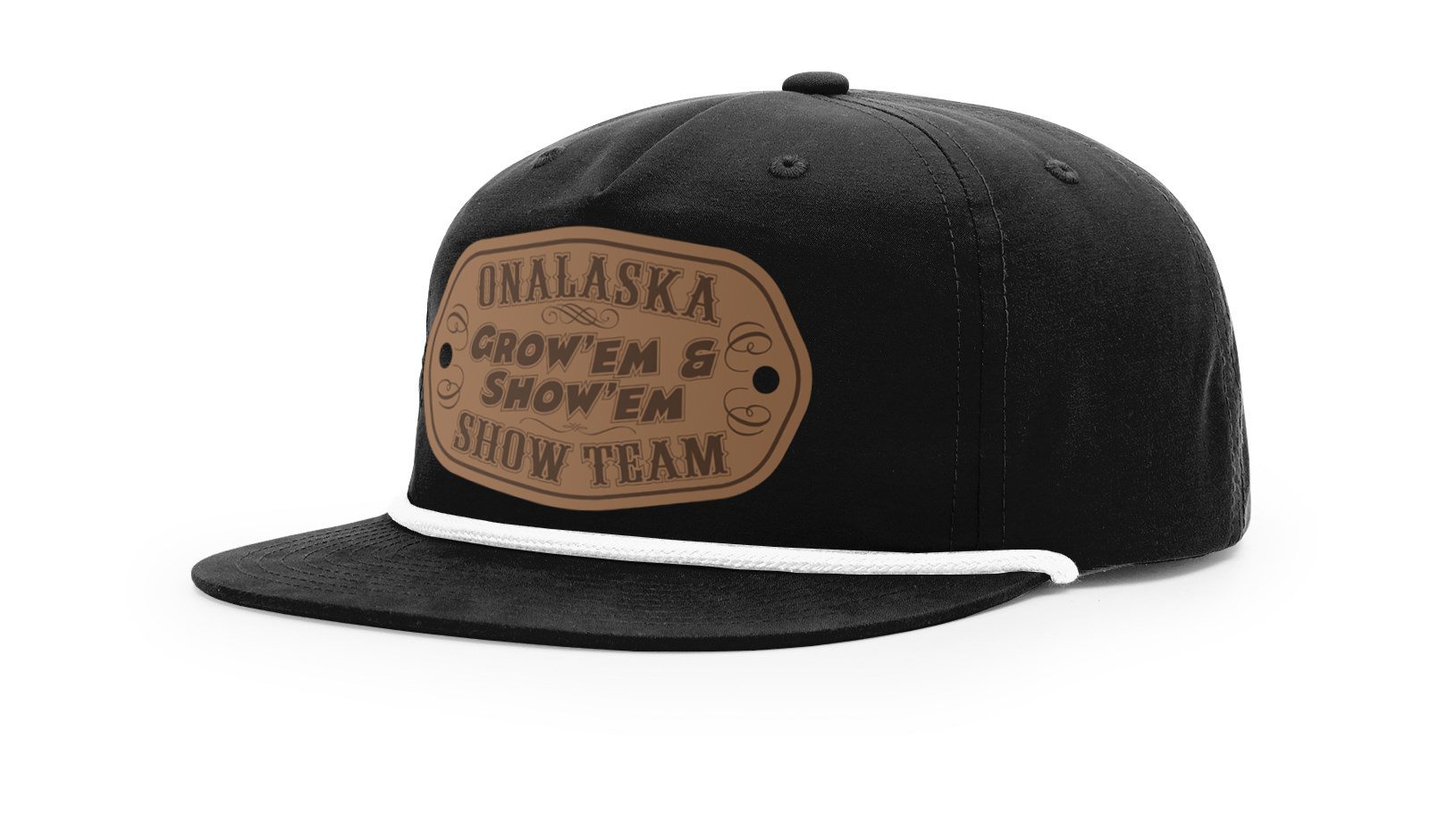 Black snapback cap with brown leather patch