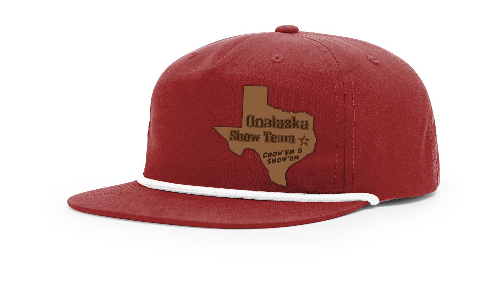 Red flat-brim cap with Texas patch
