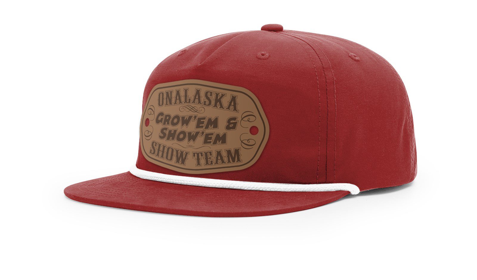 Red flat-brim cap with leather logo patch