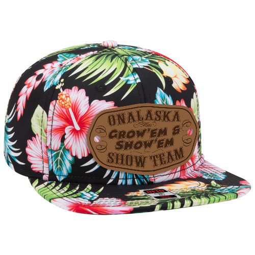Floral snapback cap featuring leather logo patch