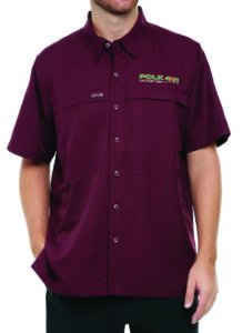 Maroon short-sleeve button-up shirt with logo