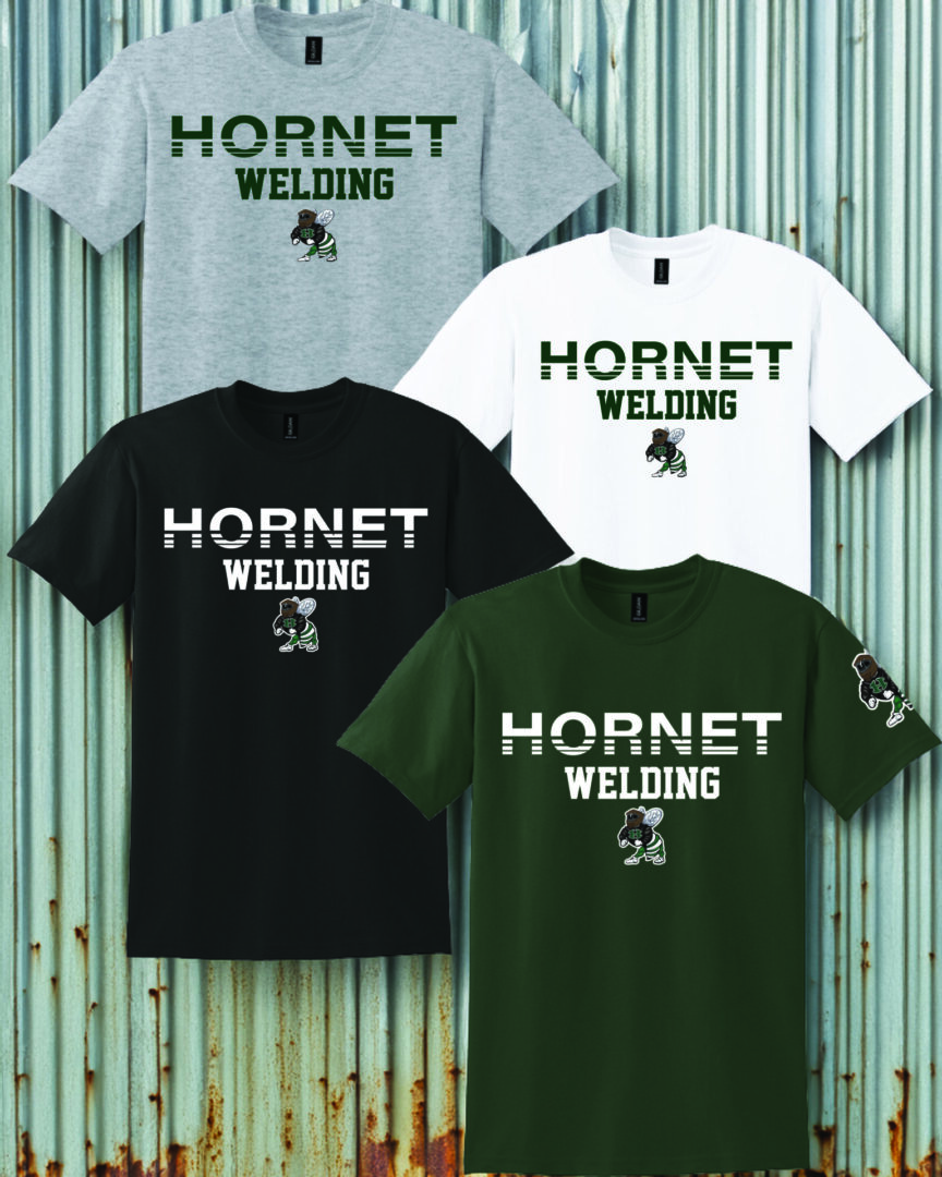 Four Hornet Welding logo t-shirts in various colors