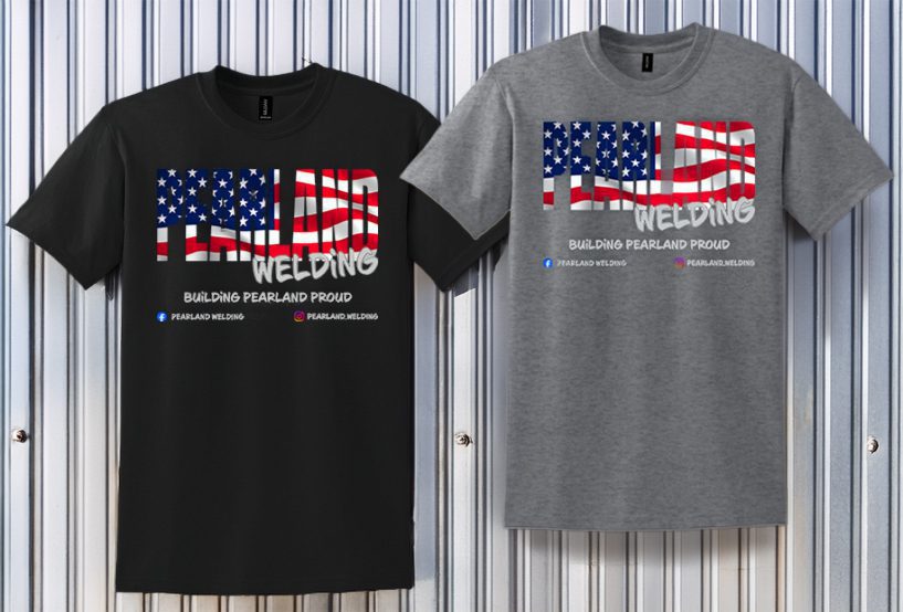 Two American flag welding t-shirts on display