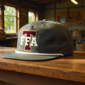Green FFA cap on wooden table