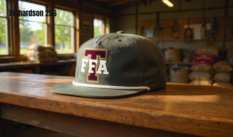 Green FFA cap on wooden table