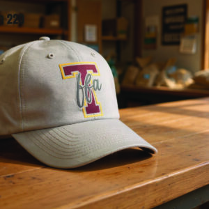 Beige baseball cap with embroidered T logo