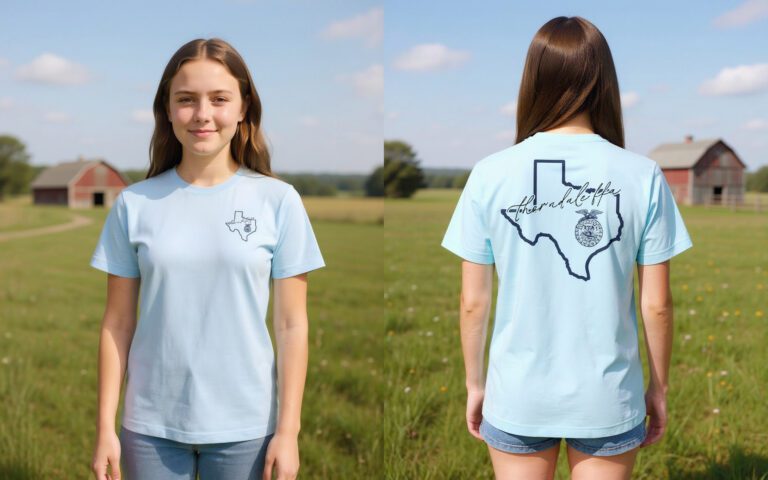 Girl wearing light blue Texas t-shirt in field