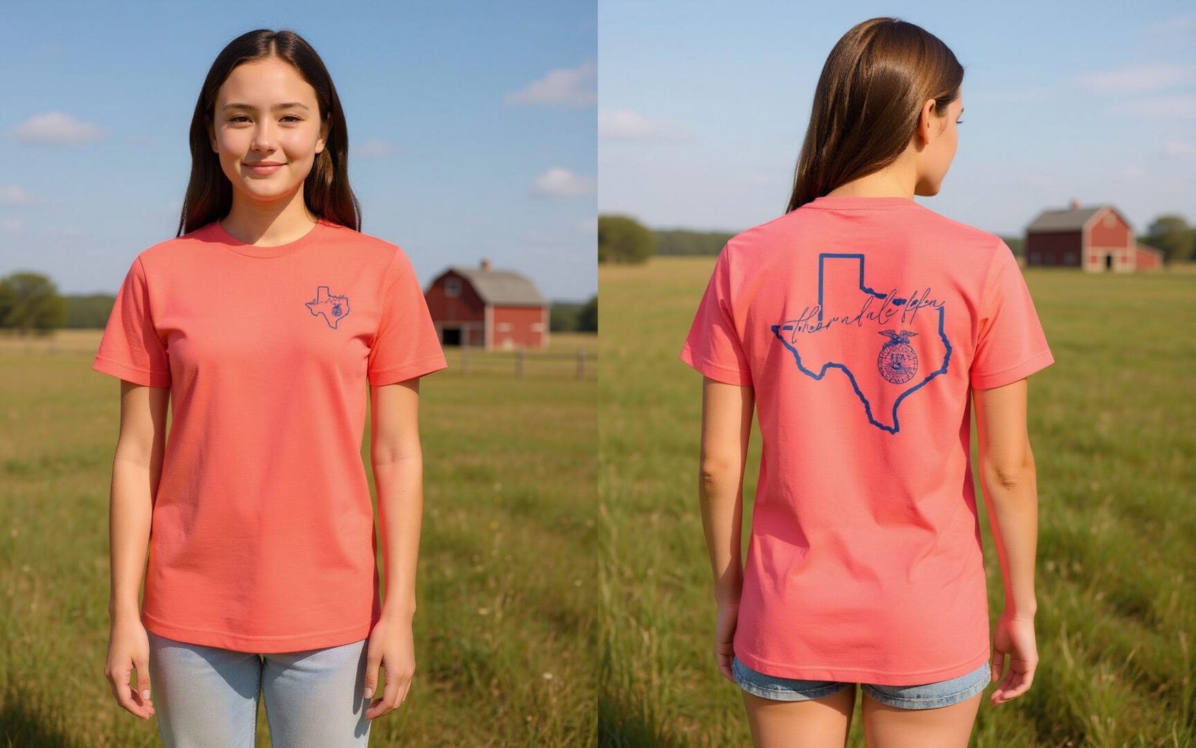 Woman wearing coral Texas graphic t-shirt